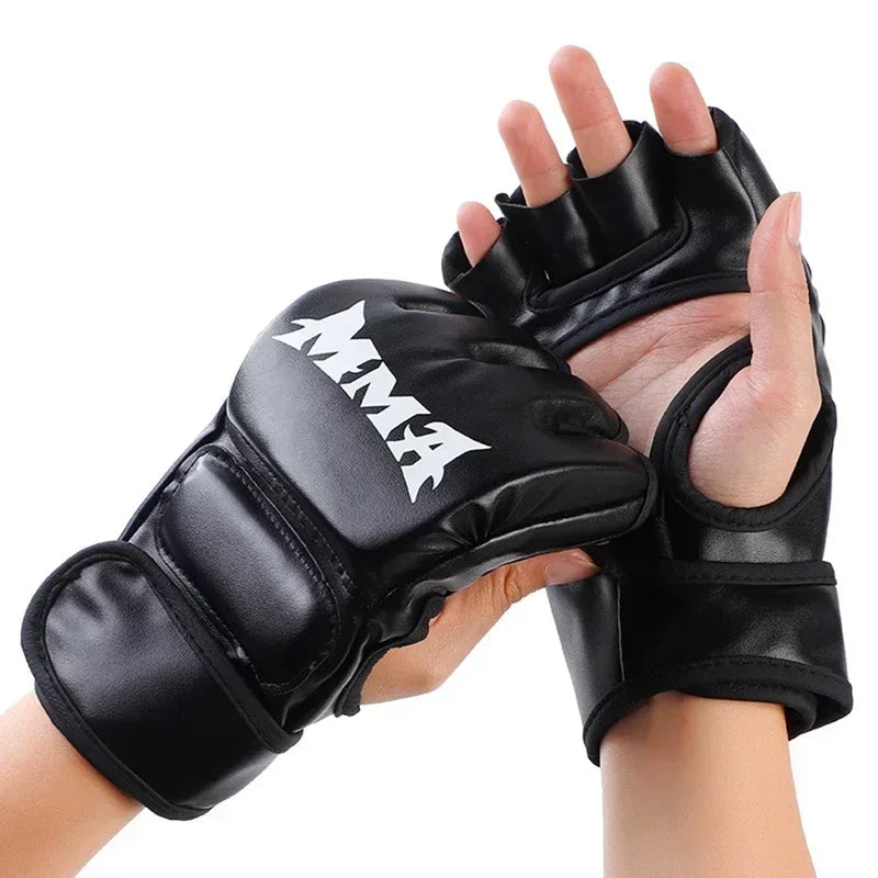 Luva de Treino Profissional MMA Half Finger em Couro com Amortecimento para Boxe, Sanda e UFC